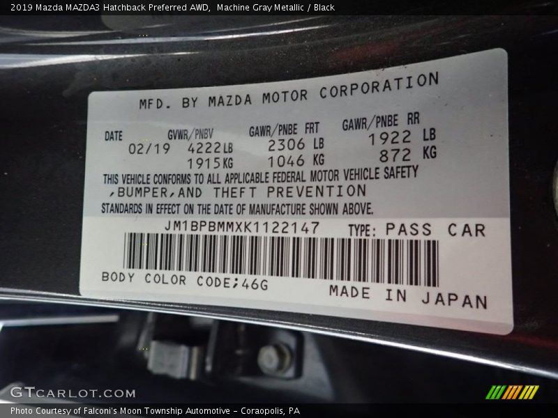 2019 MAZDA3 Hatchback Preferred AWD Machine Gray Metallic Color Code 46G
