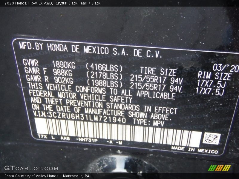 Crystal Black Pearl / Black 2020 Honda HR-V LX AWD