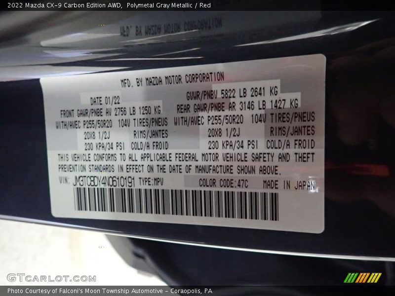 2022 CX-9 Carbon Edition AWD Polymetal Gray Metallic Color Code 47C