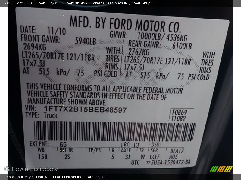 Forest Green Metallic / Steel Gray 2011 Ford F250 Super Duty XLT SuperCab 4x4