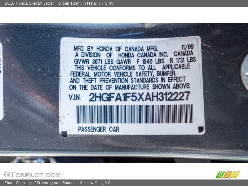 Urban Titanium Metallic / Gray 2010 Honda Civic LX Sedan