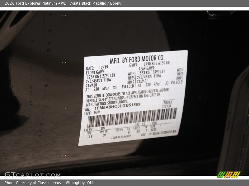 Agate Black Metallic / Ebony 2020 Ford Explorer Platinum 4WD