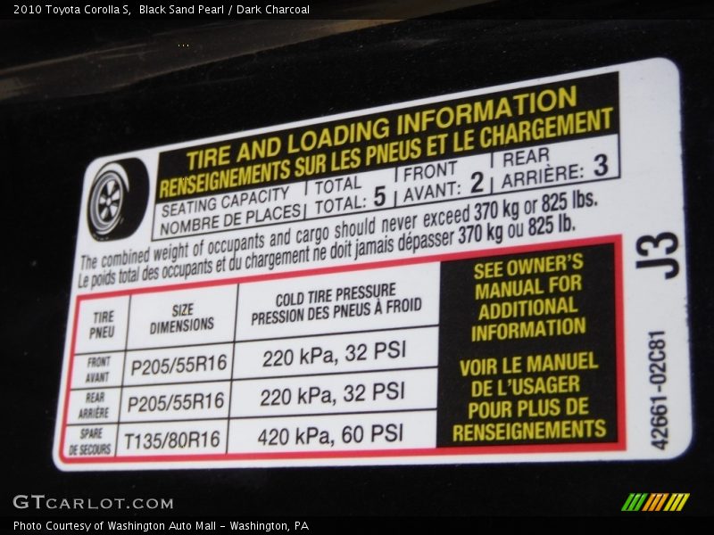 Black Sand Pearl / Dark Charcoal 2010 Toyota Corolla S