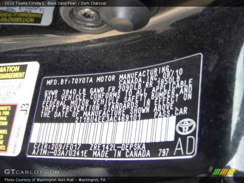 Black Sand Pearl / Dark Charcoal 2010 Toyota Corolla S