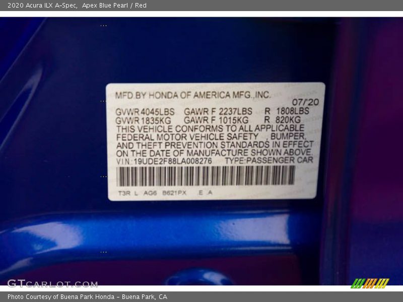 Apex Blue Pearl / Red 2020 Acura ILX A-Spec