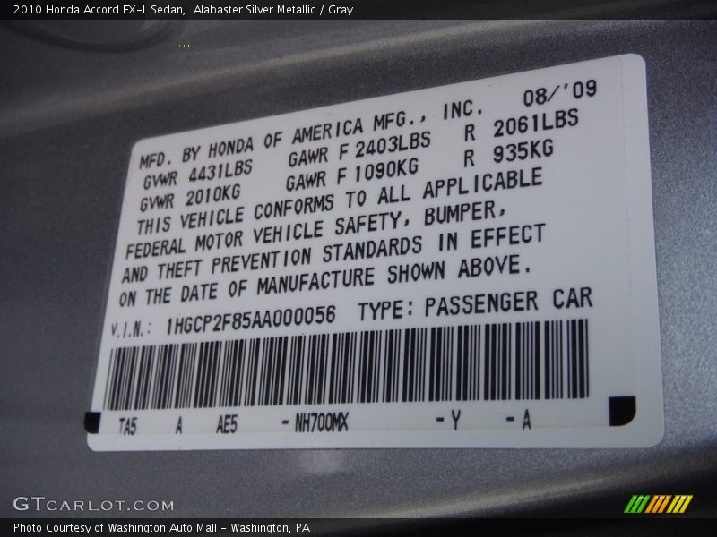 Alabaster Silver Metallic / Gray 2010 Honda Accord EX-L Sedan