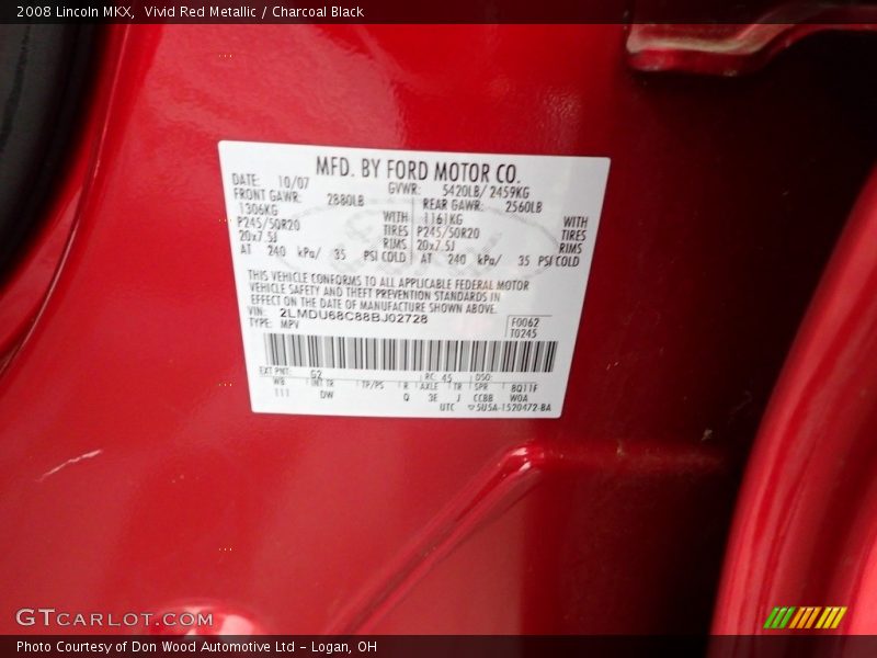 2008 MKX  Vivid Red Metallic Color Code G2