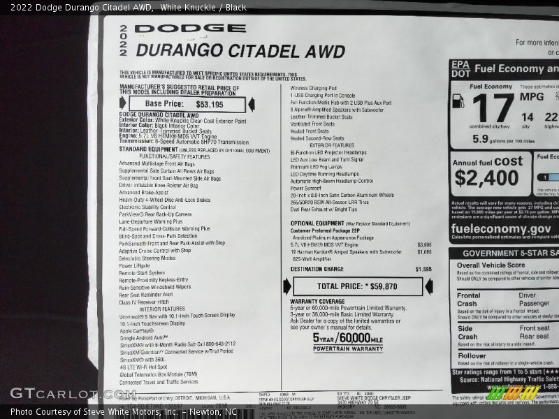  2022 Durango Citadel AWD Window Sticker