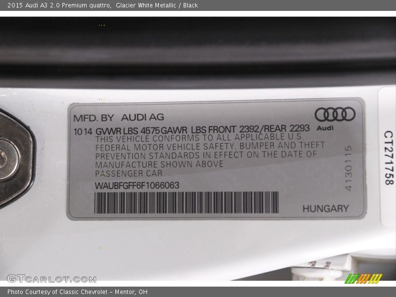 Glacier White Metallic / Black 2015 Audi A3 2.0 Premium quattro