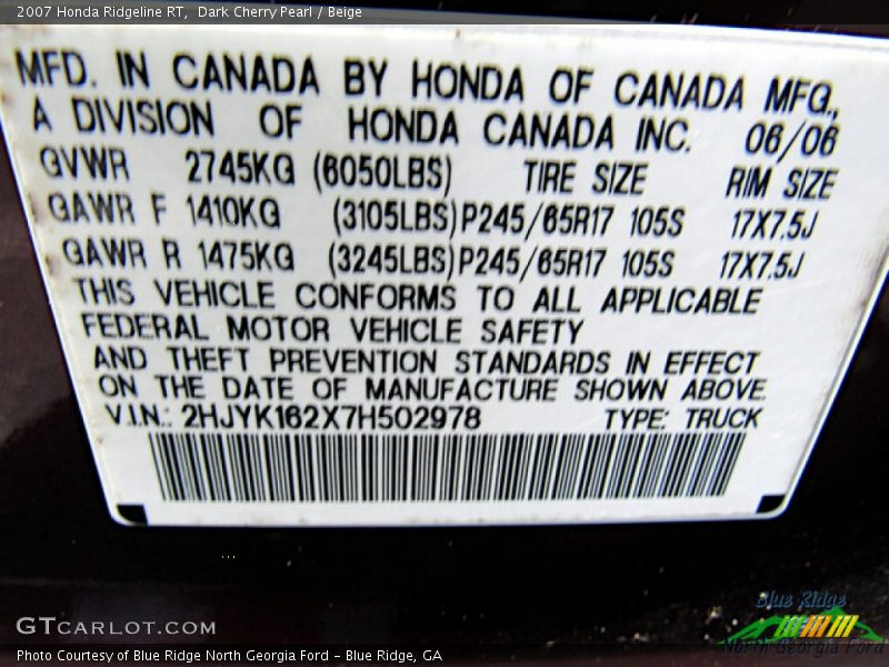 Dark Cherry Pearl / Beige 2007 Honda Ridgeline RT