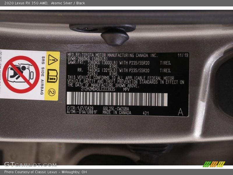 Atomic Silver / Black 2020 Lexus RX 350 AWD