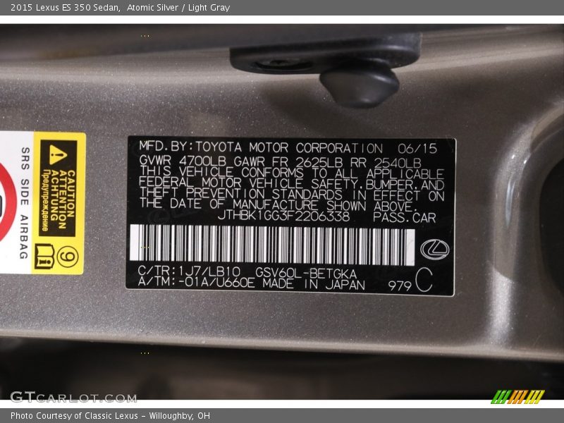 2015 ES 350 Sedan Atomic Silver Color Code 1J7