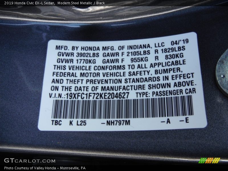 Modern Steel Metallic / Black 2019 Honda Civic EX-L Sedan