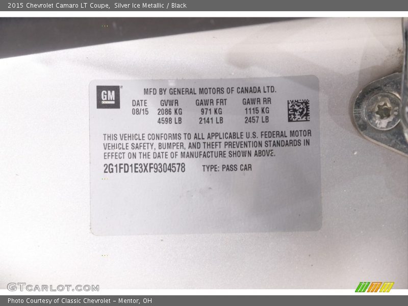 Silver Ice Metallic / Black 2015 Chevrolet Camaro LT Coupe