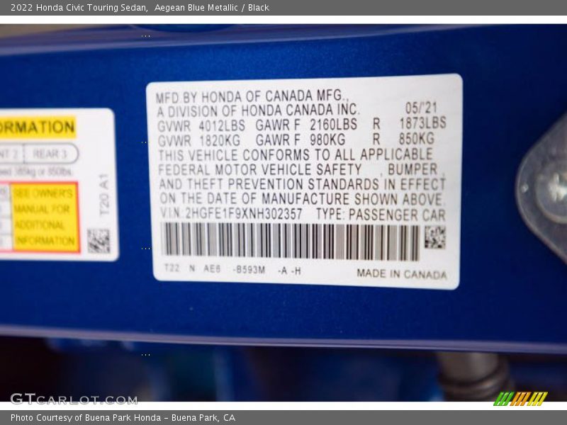2022 Civic Touring Sedan Aegean Blue Metallic Color Code B593M