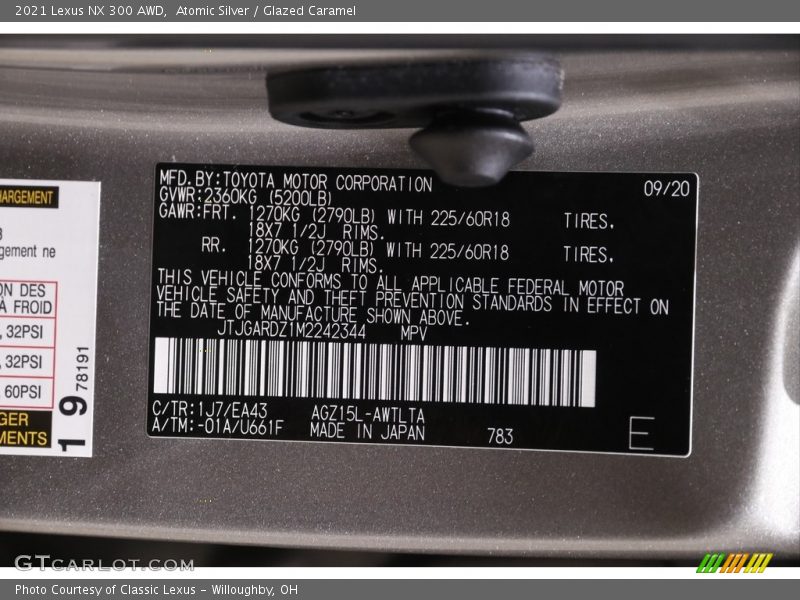 2021 NX 300 AWD Atomic Silver Color Code 1J7