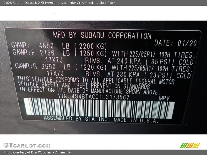 Magnetite Gray Metallic / Slate Black 2020 Subaru Outback 2.5i Premium