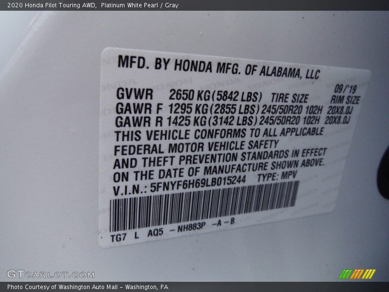 Platinum White Pearl / Gray 2020 Honda Pilot Touring AWD