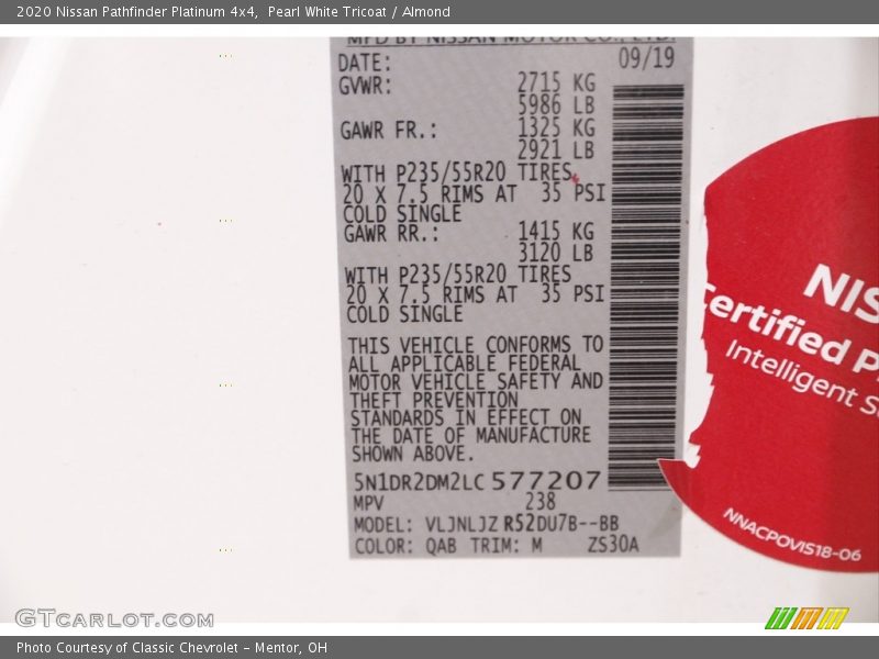 Pearl White Tricoat / Almond 2020 Nissan Pathfinder Platinum 4x4