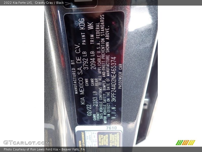 2022 Forte LXS Gravity Gray Color Code KDG