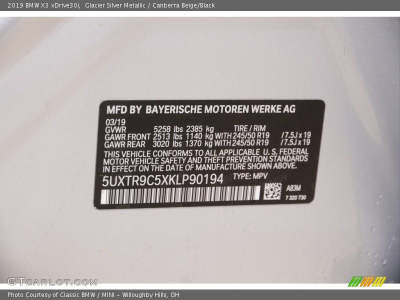Glacier Silver Metallic / Canberra Beige/Black 2019 BMW X3 xDrive30i