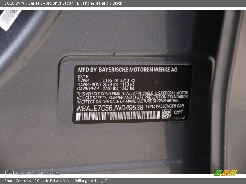 2018 5 Series 540i xDrive Sedan Bluestone Metallic Color Code C2Y
