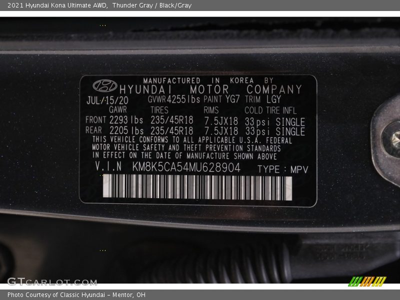 2021 Kona Ultimate AWD Thunder Gray Color Code YG7