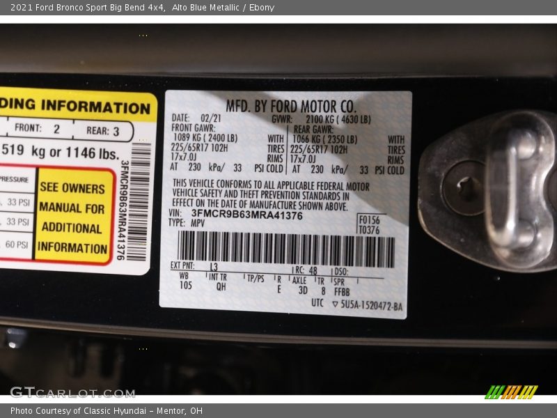 2021 Bronco Sport Big Bend 4x4 Alto Blue Metallic Color Code L3