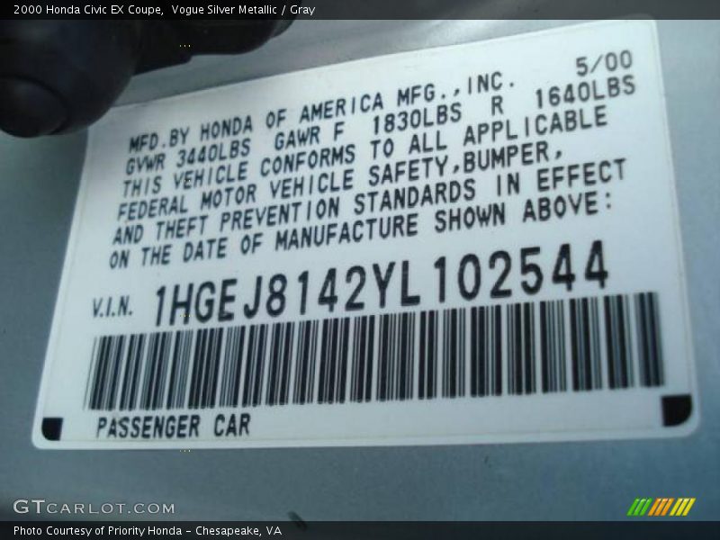 Vogue Silver Metallic / Gray 2000 Honda Civic EX Coupe