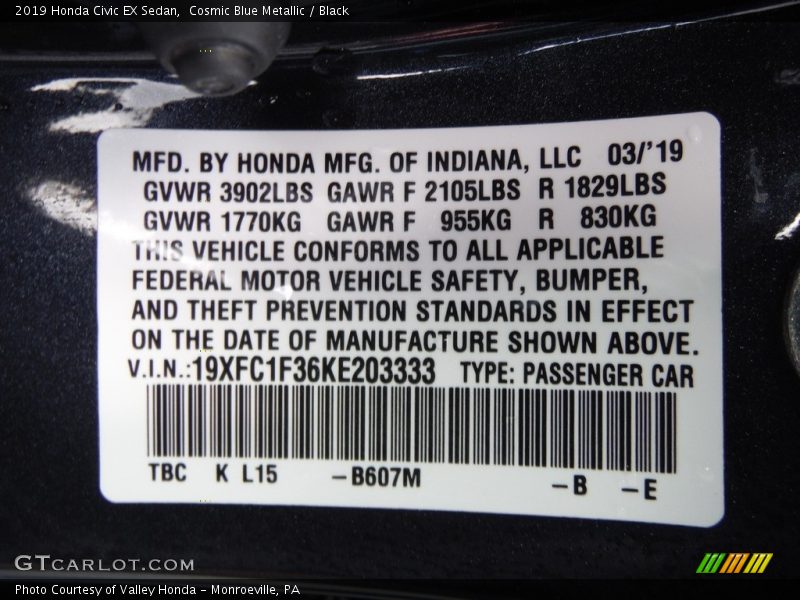 Cosmic Blue Metallic / Black 2019 Honda Civic EX Sedan