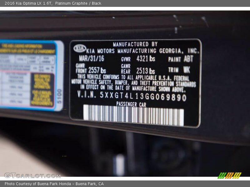 Platinum Graphite / Black 2016 Kia Optima LX 1.6T