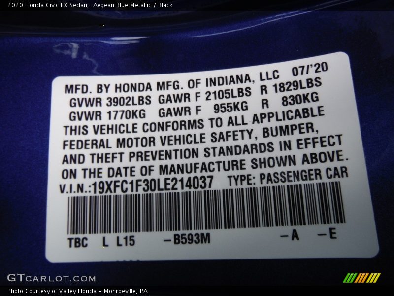 Aegean Blue Metallic / Black 2020 Honda Civic EX Sedan