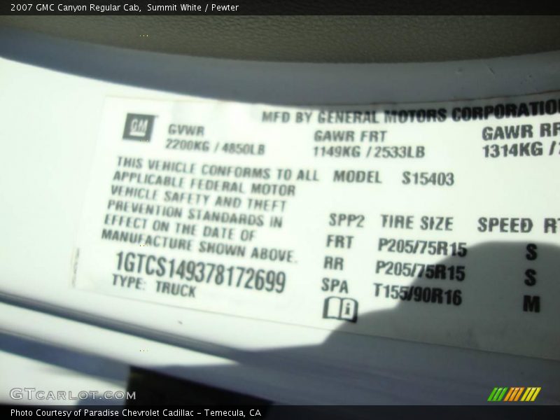 Summit White / Pewter 2007 GMC Canyon Regular Cab