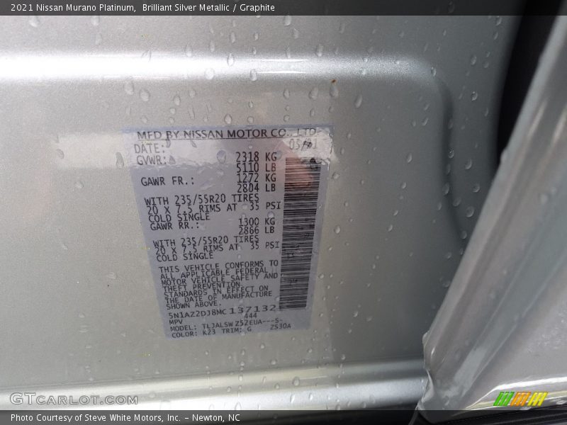 2021 Murano Platinum Brilliant Silver Metallic Color Code K23