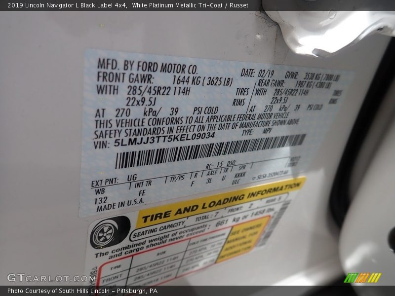 2019 Navigator L Black Label 4x4 White Platinum Metallic Tri-Coat Color Code UG