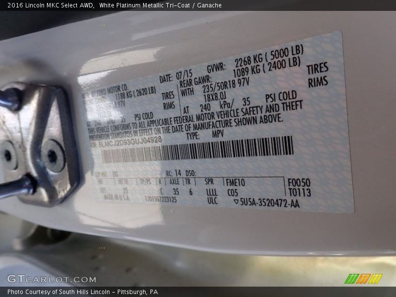 White Platinum Metallic Tri-Coat / Ganache 2016 Lincoln MKC Select AWD