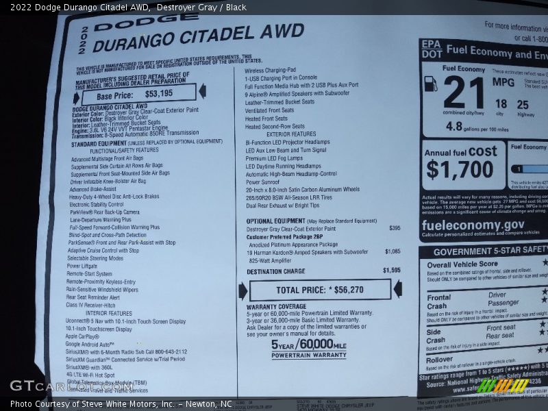  2022 Durango Citadel AWD Window Sticker