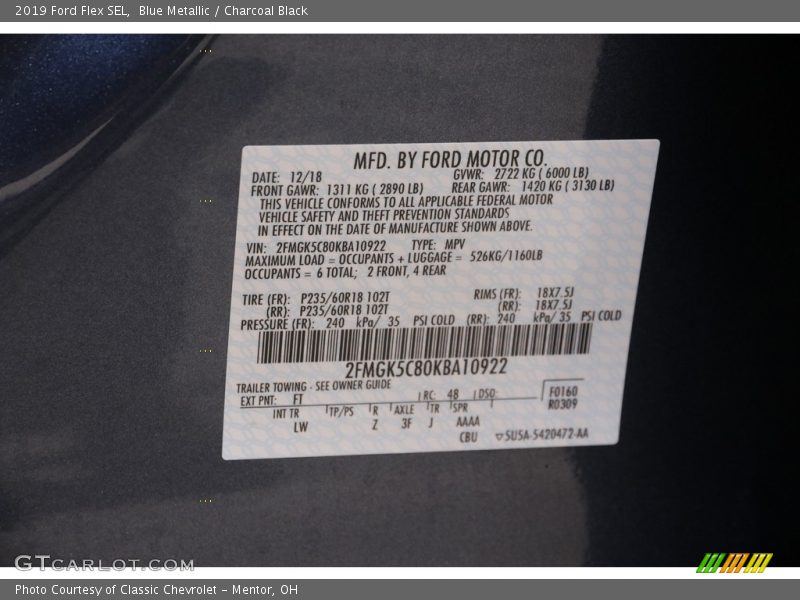 Blue Metallic / Charcoal Black 2019 Ford Flex SEL