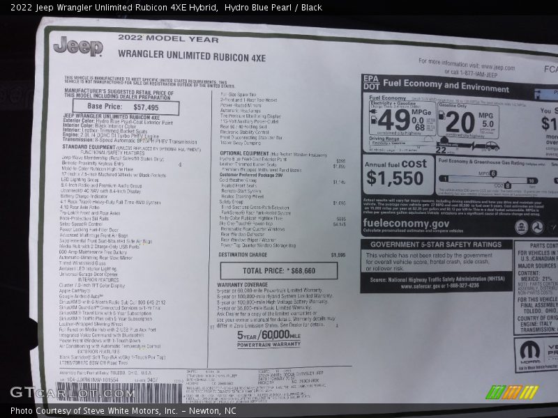  2022 Wrangler Unlimited Rubicon 4XE Hybrid Window Sticker