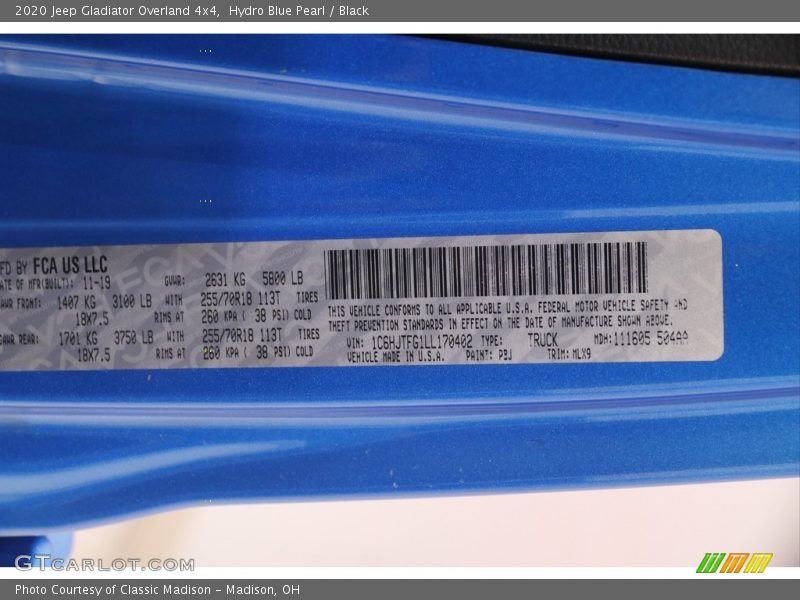 Hydro Blue Pearl / Black 2020 Jeep Gladiator Overland 4x4
