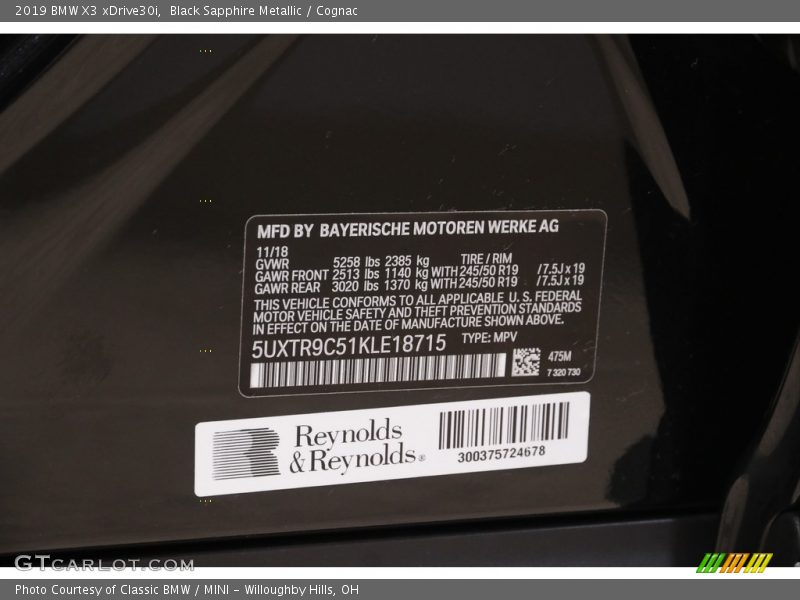 Black Sapphire Metallic / Cognac 2019 BMW X3 xDrive30i