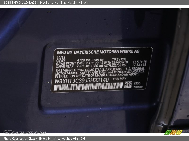 Mediterranean Blue Metallic / Black 2018 BMW X1 xDrive28i