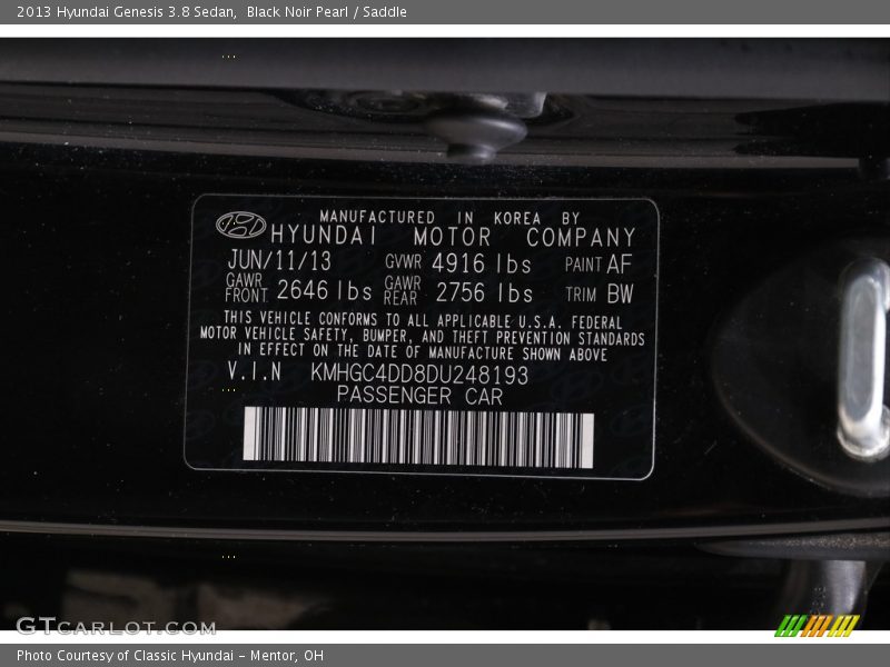 Black Noir Pearl / Saddle 2013 Hyundai Genesis 3.8 Sedan