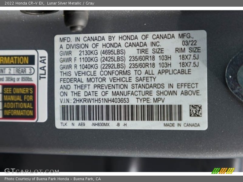 2022 CR-V EX Lunar Silver Metallic Color Code NH830MX