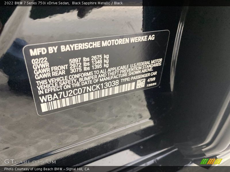 2022 7 Series 750i xDrive Sedan Black Sapphire Metallic Color Code 475