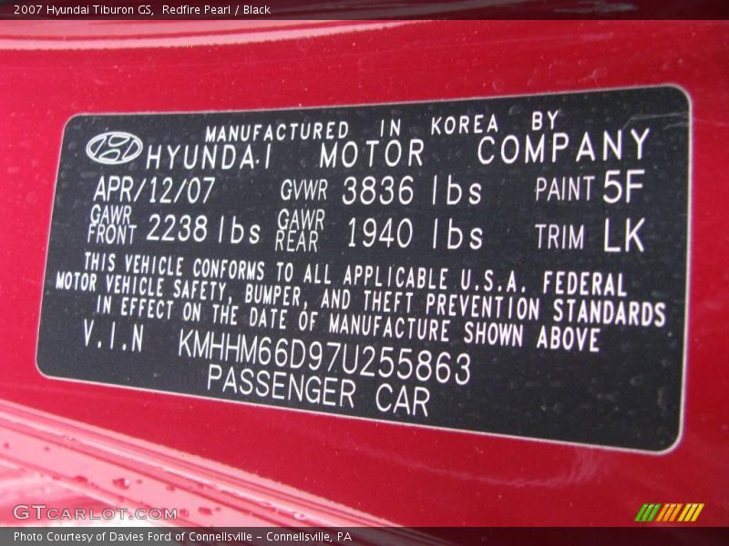 Redfire Pearl / Black 2007 Hyundai Tiburon GS