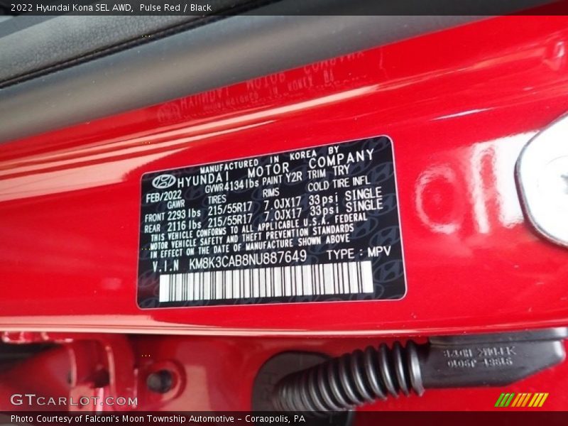 2022 Kona SEL AWD Pulse Red Color Code Y2R