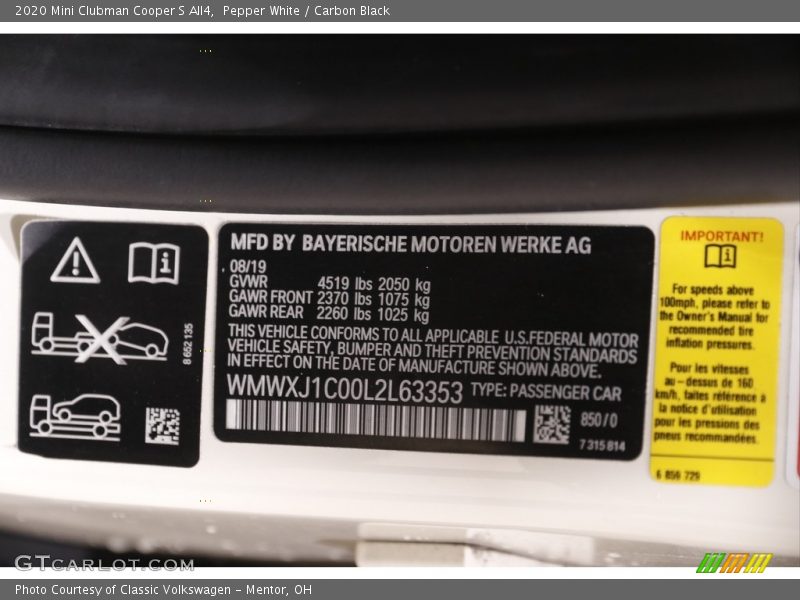 Pepper White / Carbon Black 2020 Mini Clubman Cooper S All4