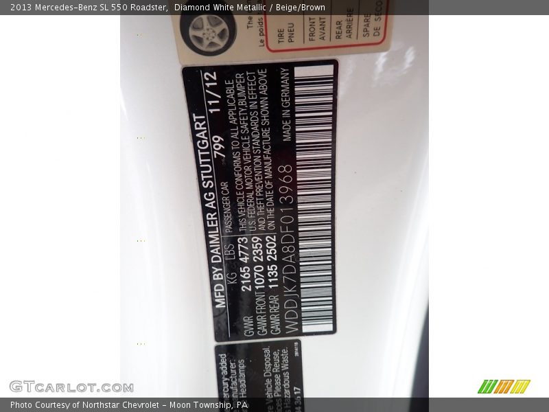 Diamond White Metallic / Beige/Brown 2013 Mercedes-Benz SL 550 Roadster