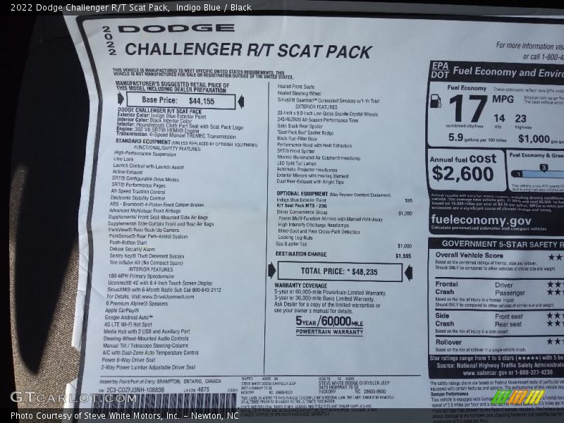  2022 Challenger R/T Scat Pack Window Sticker